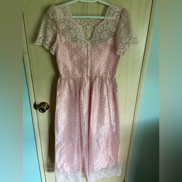 70s Pink Lace Midi Prom Dress Size Large (13/14) Vintage JC Penney Made In USA - Picture 3 of 14